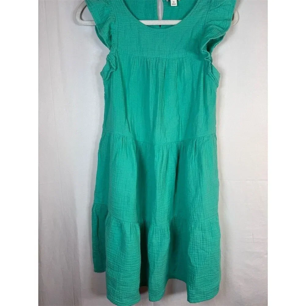 J.Crew Dress Womens Size 0 Green Tiered Knee Length Ruffle Cap Sleeve Casual